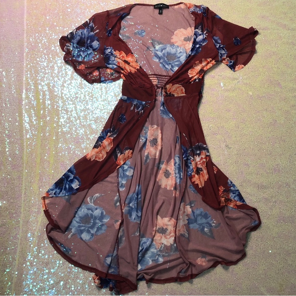 Derek Heart floral button up open vest sheer maxi cardigan medium